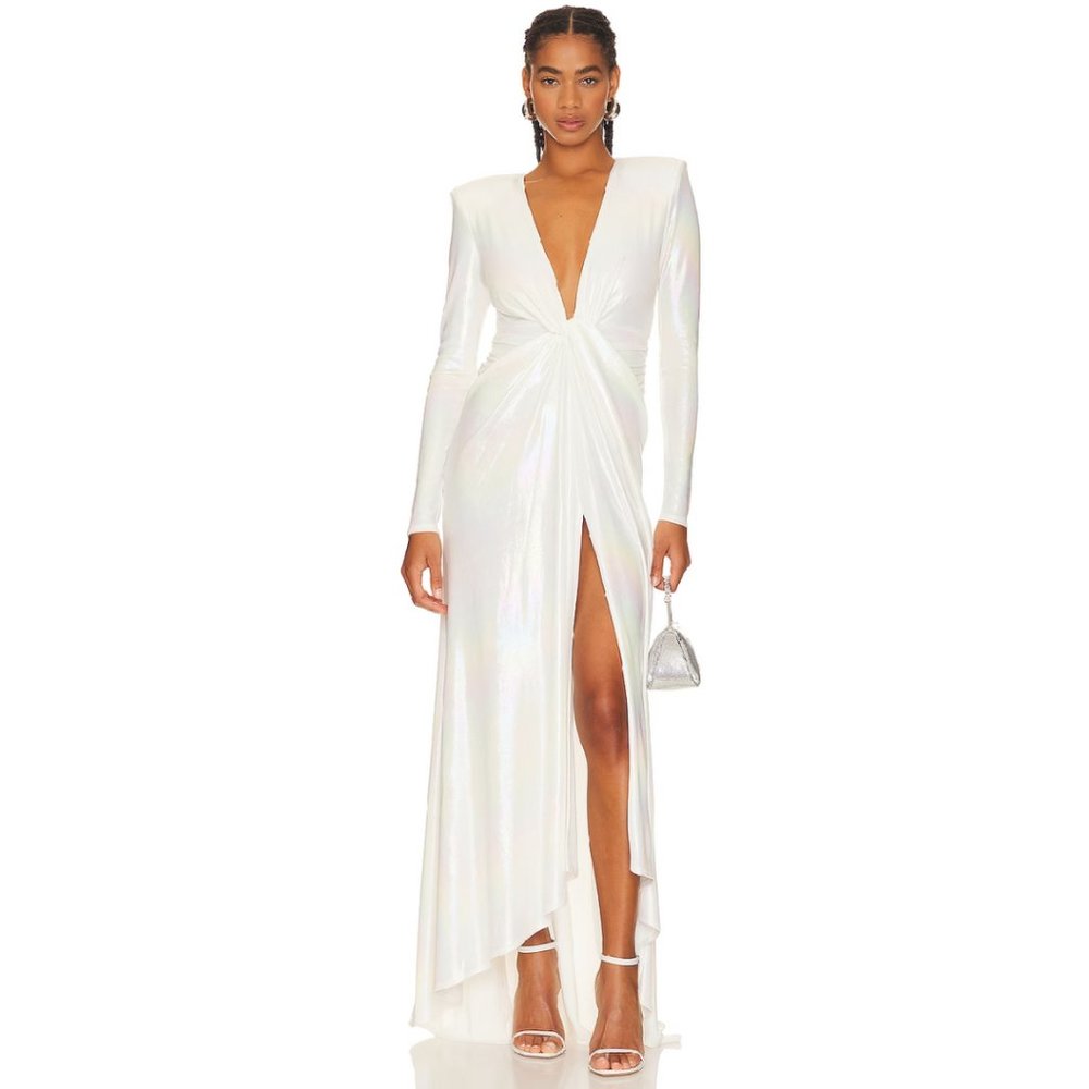 Ronny Kobo Martine White Rainbow Metallic Deep V Plunge Neck Maxi Dress Gown